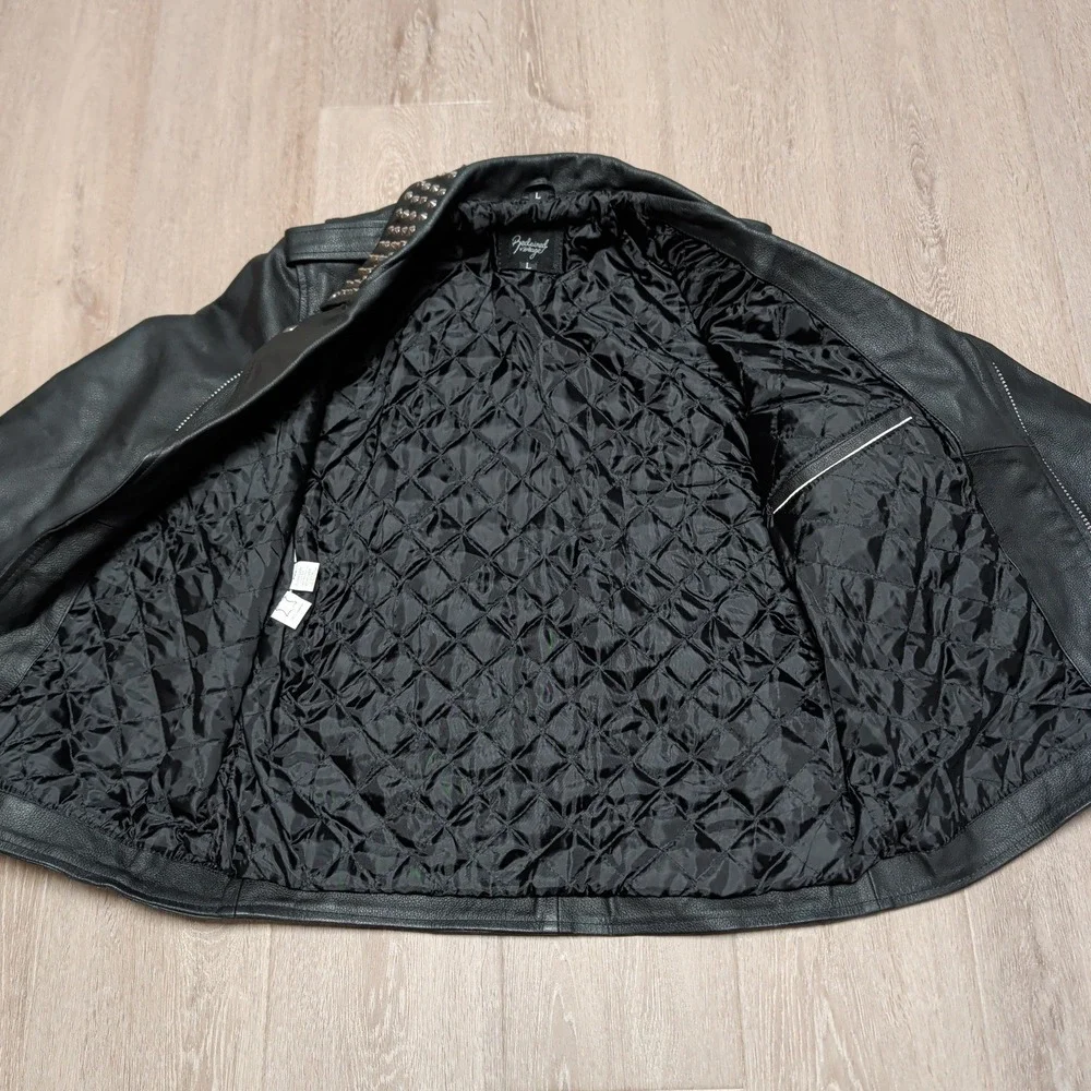 Reclaimed Vintage Studded Leather Biker Jacket Womens L Black Star Crossed Moto - Picture 3 of 11
